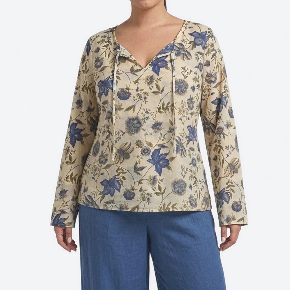 Halogen Blue Floral 100% Cotton V-Neck Blouse Long Sleeve‎ 0X Large Boho